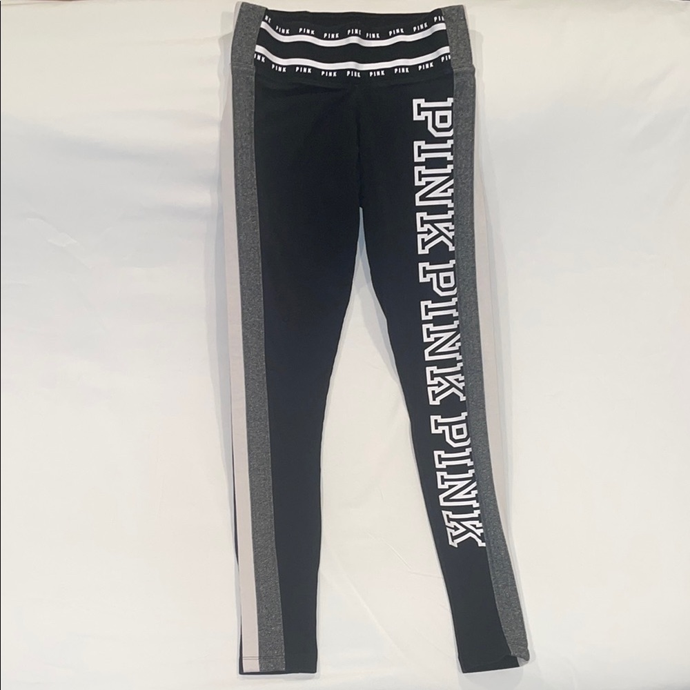 VS PINK Black Leggings with White & Gray Stripes